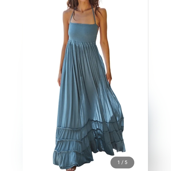 Dresses & Skirts - R. Vivimos Blue Maxi Summer Cotton / Rayon Backless Ruffled Dress Size Medium